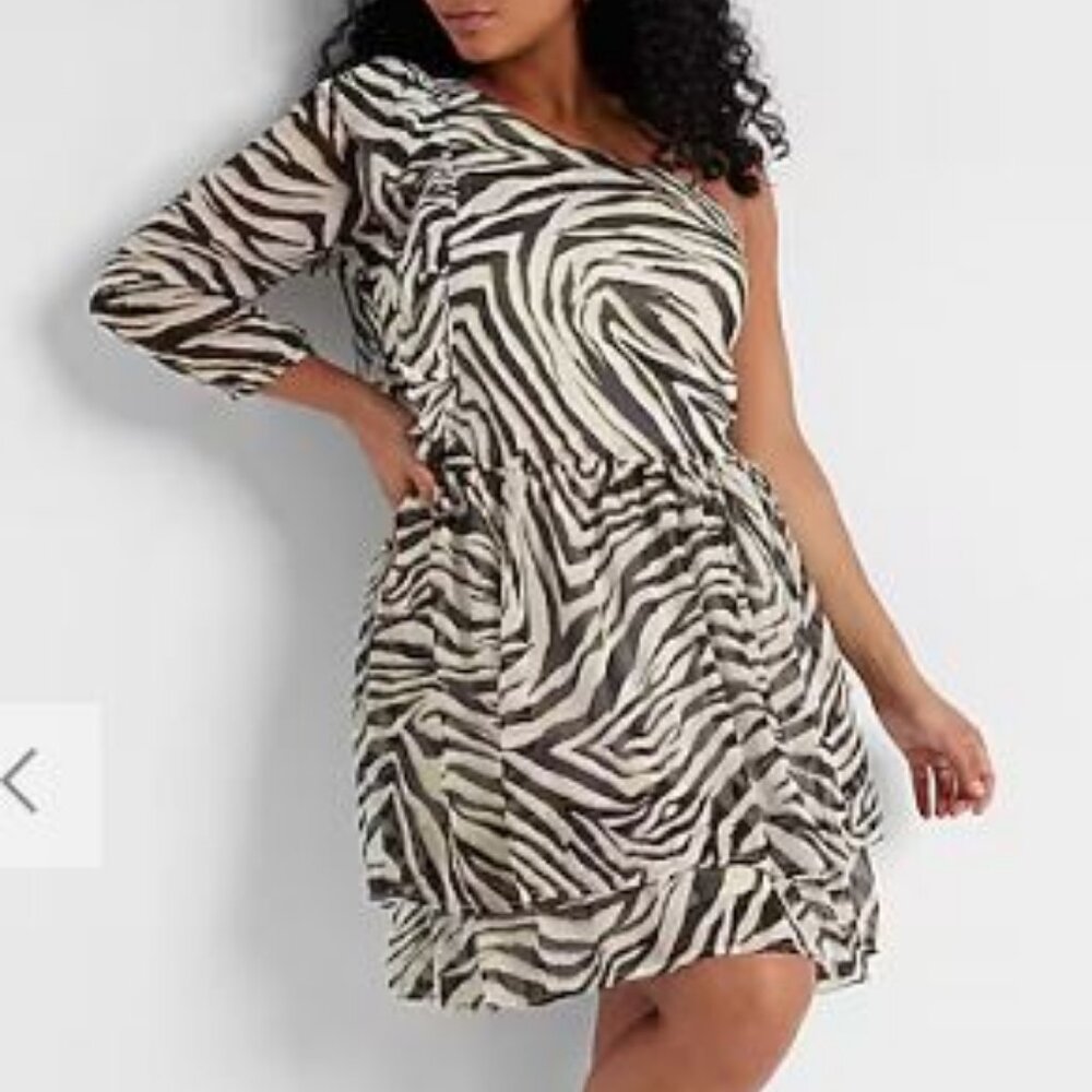 NWT Express Rachel Zoe Zebra Print One Shoulder Ruffle Dress Sz Sm MSRP $128